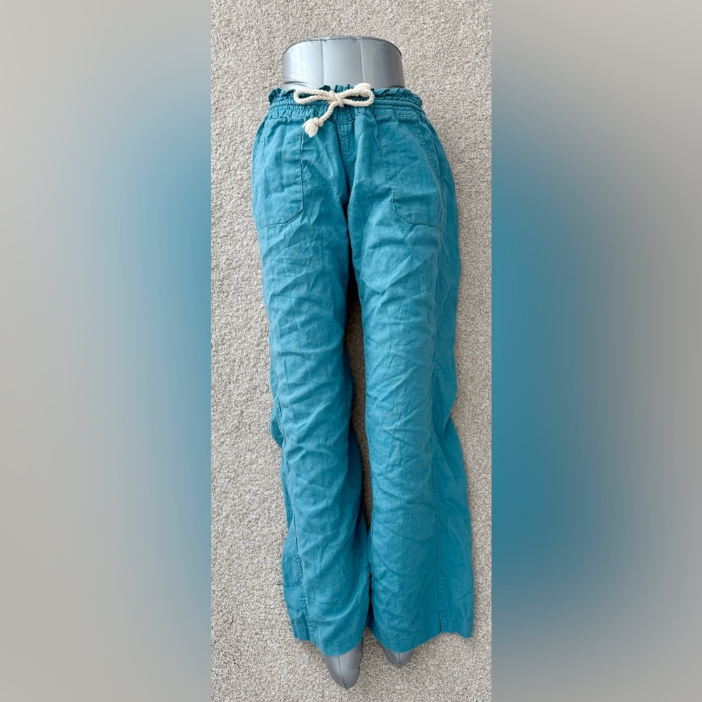 NWOT Roxy Oceanside Beach Linen Blend Pants with rope tie in Biscay Bay